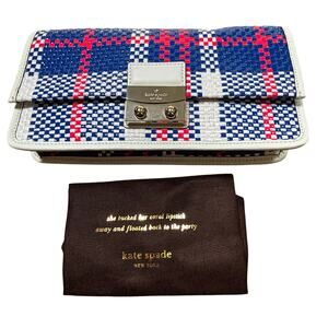 Kate spade clutch purse with dustbag blue white pink woven plaid front flap chic